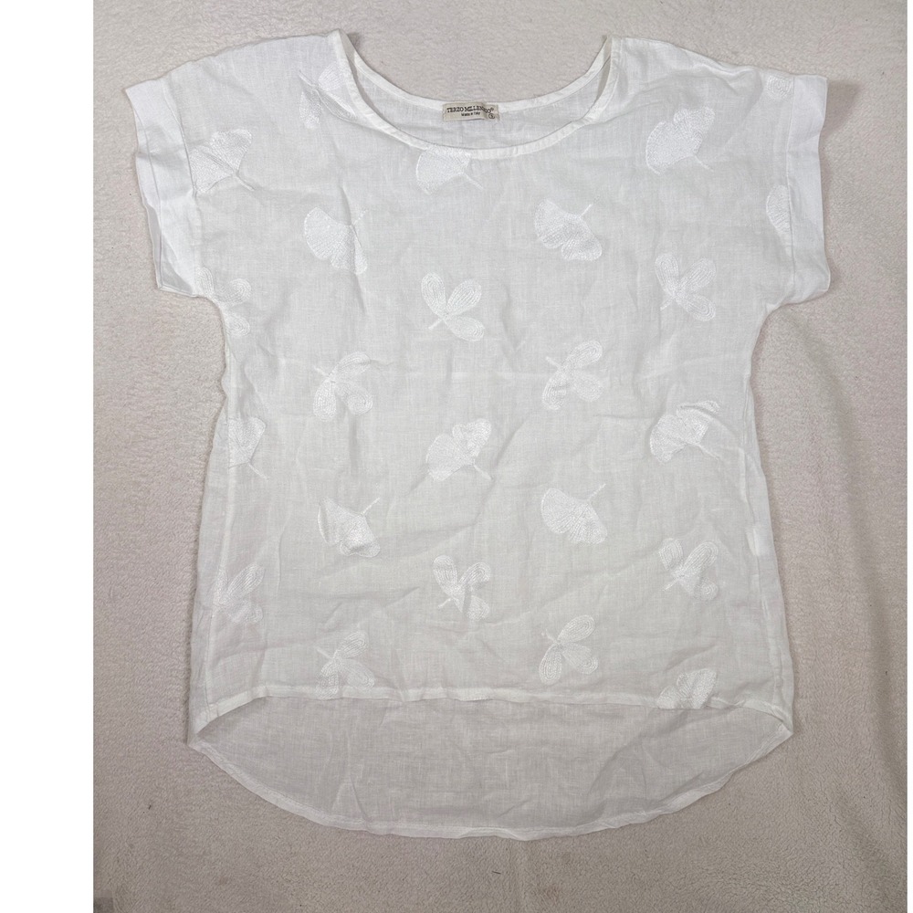 Terzo Millennio Italy 100% Linen Blouse S White Embroidered High Low Resort Leaf